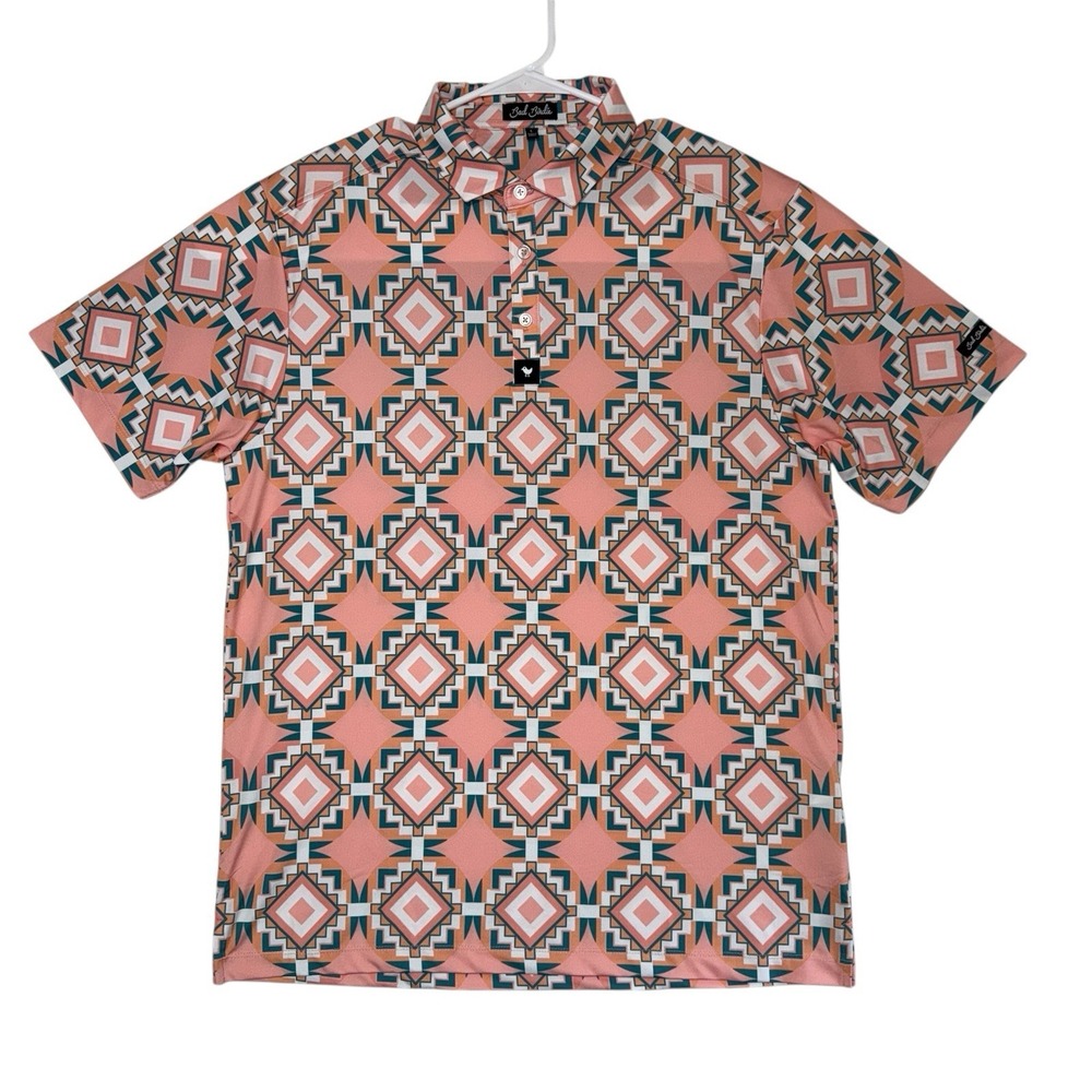 Bad Birdie Golf Polo Shirt Men Size Large Aztec Pink Green Geometric Performance
